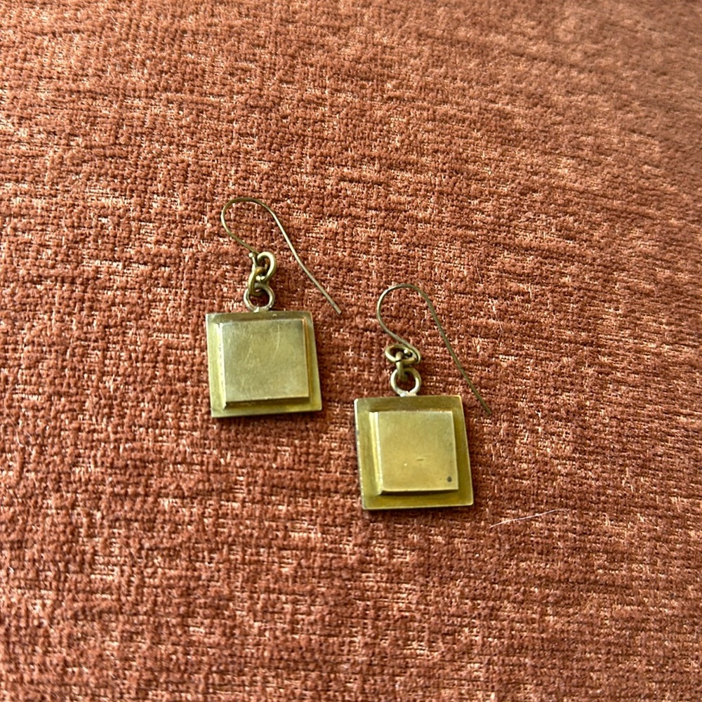 Handmade Heavy Gold Brass Square Hanging Earrings